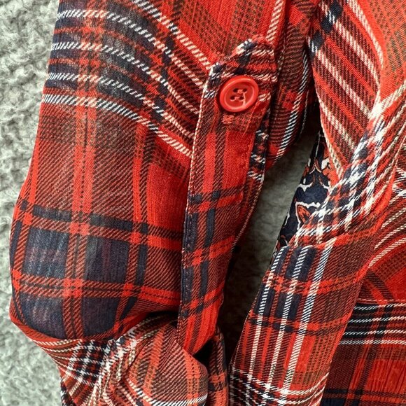 Band of Gypsies Womens Top Small Red Plaid Button Front Long Sleeve Sheer Shirt - Picture 5 of 11